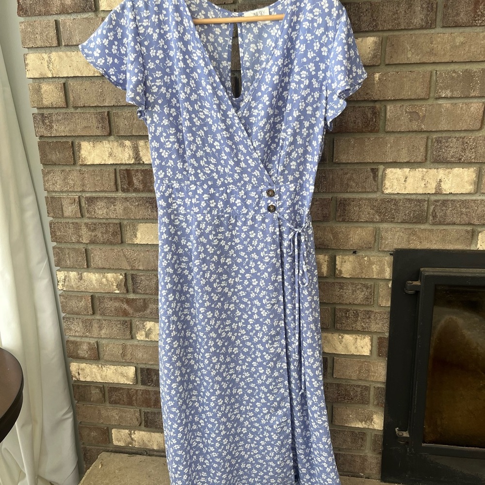 Floral Blue Wrap Dress Floor Length Medium with Slip